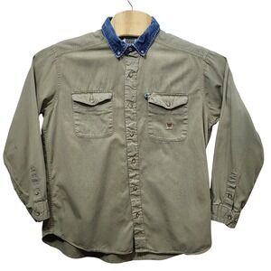 Rough Stock Panhandle Slim Mens Large Olive Green Denim Collar Western Shirt L